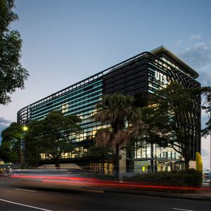 UTS Rugby Australia Building in the evening.